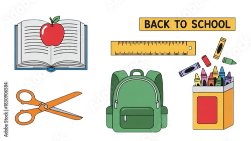 Back to School Supplies Apple, Books, Scissors, Crayons, Backpack, Ruler