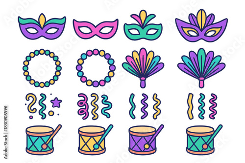 Colorful collection of carnival and Mardi Gras celebration elements including masks, beads, fans, and drums