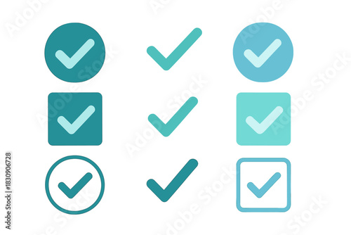 Nine different checkmark icons in various shapes and teal colors for user interface design