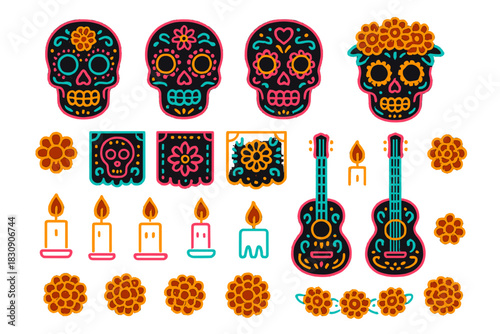 Decorative sugar skulls, marigold flowers, candles, and guitars for the Day of the Dead celebration