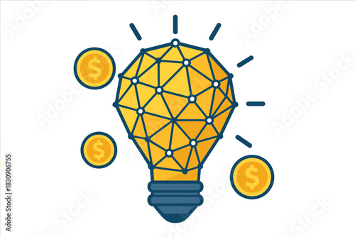 Polygonal lightbulb structure symbolizing creative idea generation and monetization with dollar coins
