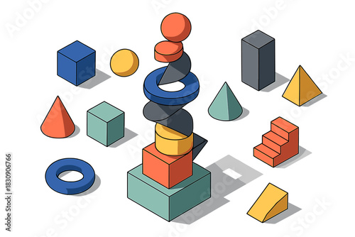 Stacked and scattered colorful 3D geometric primitives in an isometric view