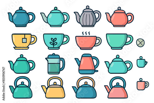 Colorful assortment of teapots, electric kettles, and ceramic tea cups in modern flat design