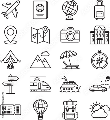 Collection of hand-drawn travel and vacation icons in a sketch style