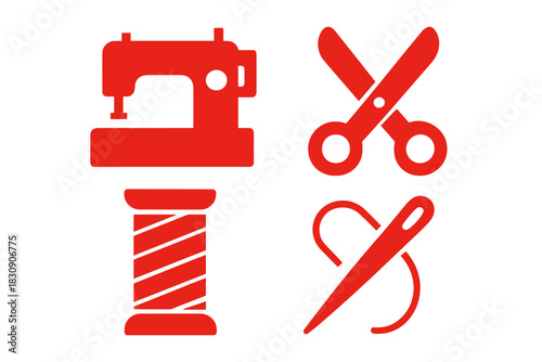 Essential sewing and tailoring tools set including machine, scissors, thread, and needle icons
