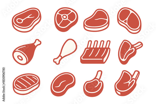 Assortment of fresh raw beef, pork, and poultry meat cuts including steaks, ribs, and chops