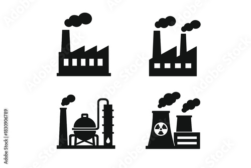 Silhouettes of industrial factories and energy production plants including nuclear and chemical refinery
