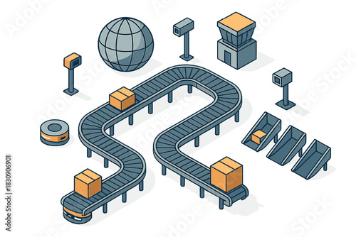 Modern isometric warehouse automation system with conveyor belt and shipping boxes