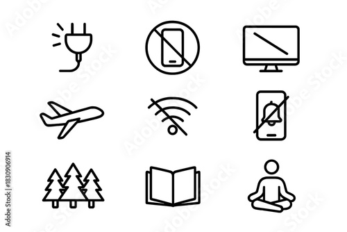 Digital detox, quiet mode, and focus symbols including airplane, no signal, and meditation
