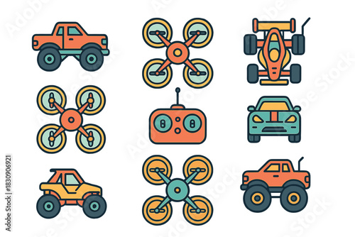 Collection of remote control vehicles and flying drones with controller icons