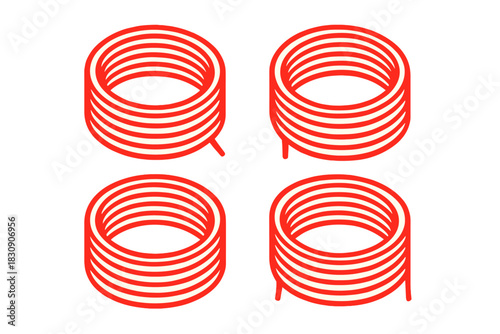 Four graphic isometric coils representing electronic components or abstract energy flow symbols