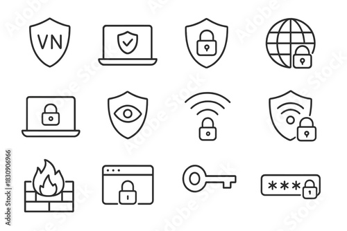 Digital security and data protection line icons set for web and mobile interfaces