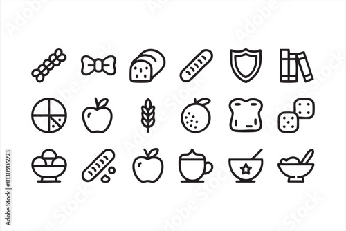 Bakery and fruit line symbols for cafe branding, nutrition visuals, and UI design