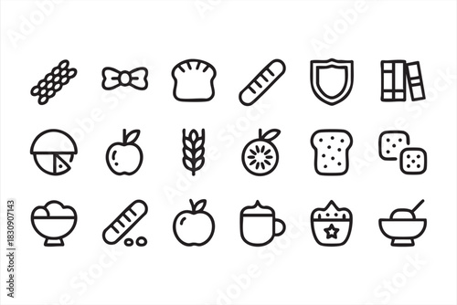 Bread, grain, and fruit icons for culinary UI kits and food-service graphics