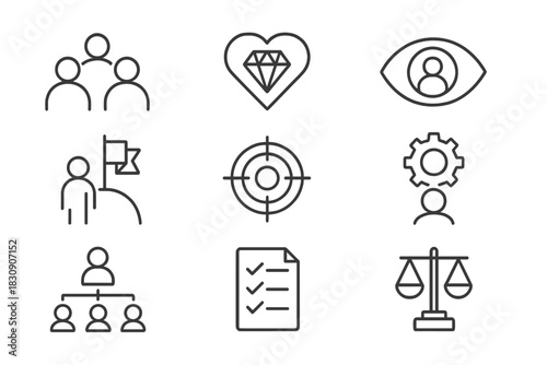 Business management corporate strategy concepts including teamwork goals vision quality compliance