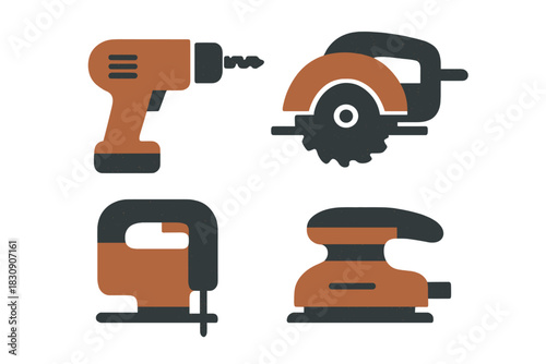 Essential power tools icon set featuring drill, circular saw, jigsaw, and sander for construction and DIY