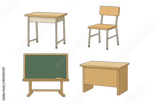 Essential classroom furniture set including student desk, chair, teacher desk, and chalkboard