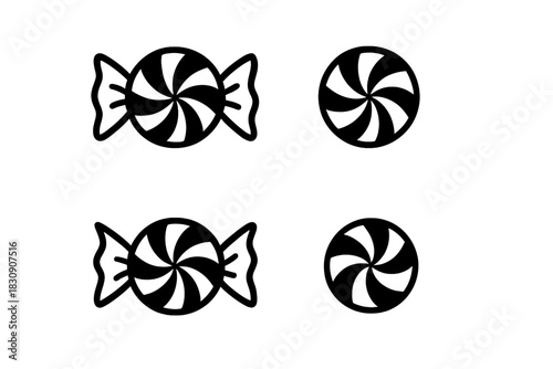 Minimalist black and white wrapped and unwrapped swirl candies for sweet treats and dessert menus