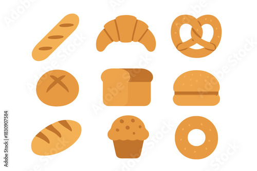 Baked goods and bread items including croissant, pretzel, bagel, loaf, muffin, and baguette