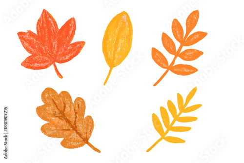 Hand-drawn autumn leaves with crayon texture in vibrant orange and yellow fall foliage