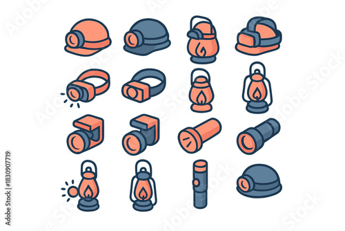 Various lighting equipment including headlamps, flashlights, and camping lanterns for outdoor activities