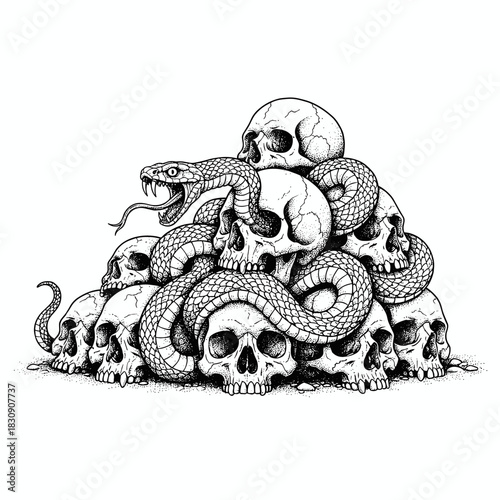 A pile of skulls with a snake coiled around them.