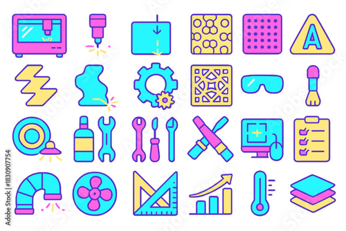 Modern manufacturing, engineering, and design process symbols in bright neon colors