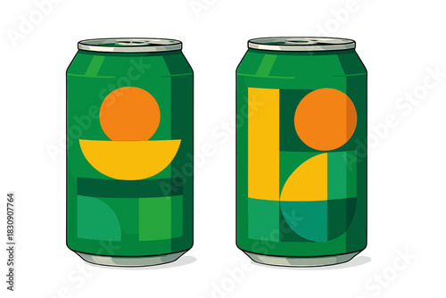 Two green beverage cans with modern abstract geometric labels featuring orange and yellow shapes on a white background