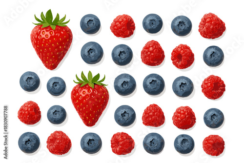Repeating pattern of fresh strawberries, blueberries, and raspberries on white background