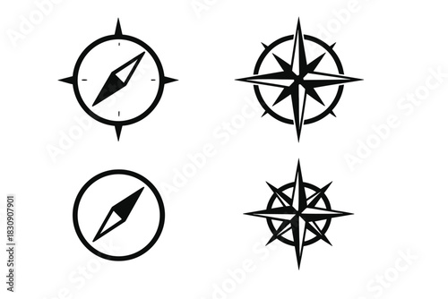 Four monochrome compass and wind rose symbols for navigation and geographical direction