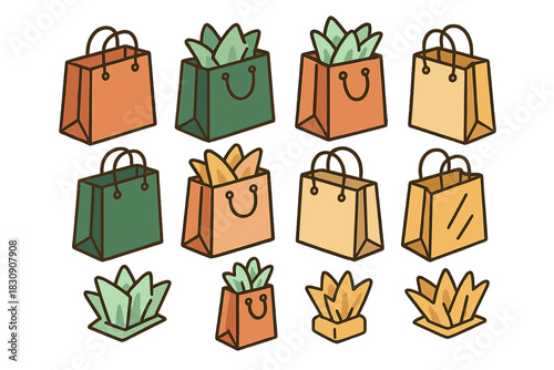 Set of various shopping bags in different colors and perspectives with tissue paper elements