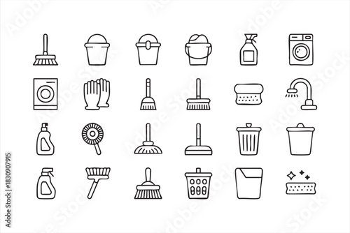 Household maintenance line icons featuring mops, detergents, bins, and gloves