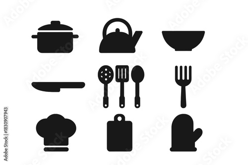 Black silhouette icons of essential kitchen utensils and cooking equipment
