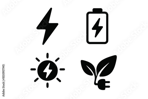 Four essential energy and power symbols: lightning bolt, battery charge, solar, and green electricity