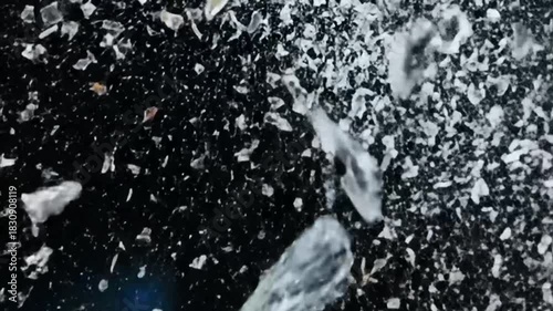 Shattered glass midair against dark