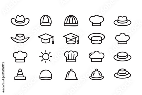 Line art hat icons including cowboy, chef, and graduation caps