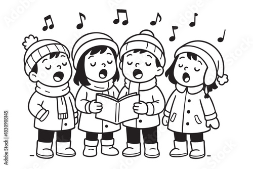 Christmas coloring page for kids with children singing christmas carols, wearing winter hats and coats, surrounded by musical notes, for holiday coloring activity. black outline, white background