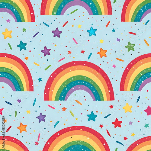 Rainbow confetti pattern, vibrant colors, party celebration, seamless