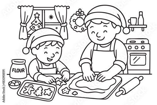 Christmas coloring page for kids with father and child baking holiday cookies in kitchen, festive activities, holiday fun, black outline, isolated on white background