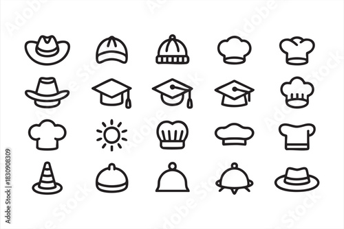 Chef hats, cowboy hats, and mortarboards in minimalist vector style