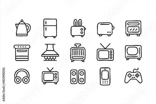 Minimal line icons of common home appliances and electronics