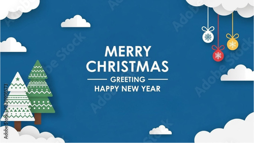 Merry Christmas and Happy New Year greeting card with festive trees and clouds