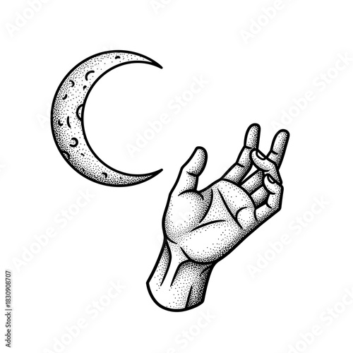 Mystical Hand Reaching for Crescent Moon Celestial Body.