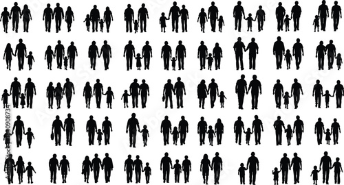 Diverse Collection of Family Silhouettes Vector Graphic, Depicting Parents and Children Walking Together, Representing Parenthood, Generations, Community, and Human Connection Concepts for Design.