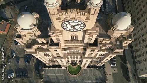Aerial view looking down on Liver Building clock, Liverpool, Merseyside, England