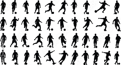 Dynamic black soccer players silhouettes vector illustration set for sports design, game, action, movement, competition, fitness, exercise, training, club, league, goal, kick, dribble, championship, 