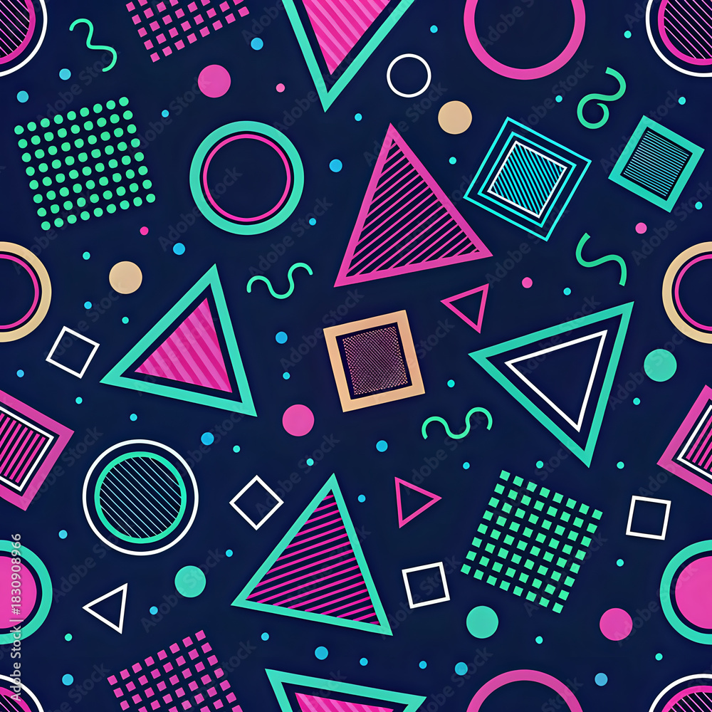 Obraz premium Retro 80s geometric shapes pattern, bright neon colors, seamless