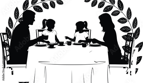 Family Dinner or Tea Party Silhouette Vector Illustration, Featuring Parents and Two Children Seated at an Outdoor Table Surrounded by Decorative Leaves, Symbolizing Togetherness, Mealtime, and 