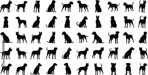 Fifty-Two diverse black dog breed silhouettes vector illustration, showcasing standing, sitting, and active poses for pet ownership, veterinary care, animal welfare, and graphic design
