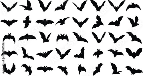 Flying black vampire bats silhouettes set, detailed wing shapes collection, spooky Halloween design elements, wildlife nocturnal creatures, horror themed vector illustration, isolated background.